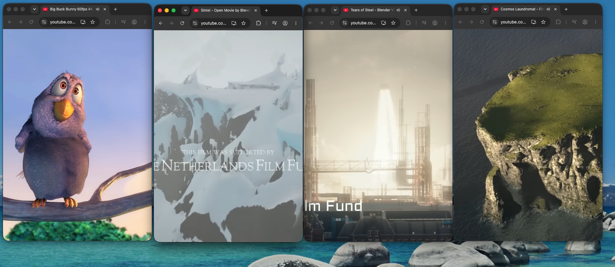 Four real Chrome windows side by side, each running VertiView on a different YouTube video at once
