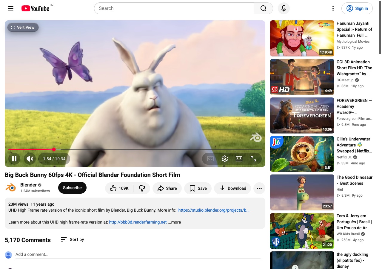 Hovering a YouTube video reveals the VertiView button